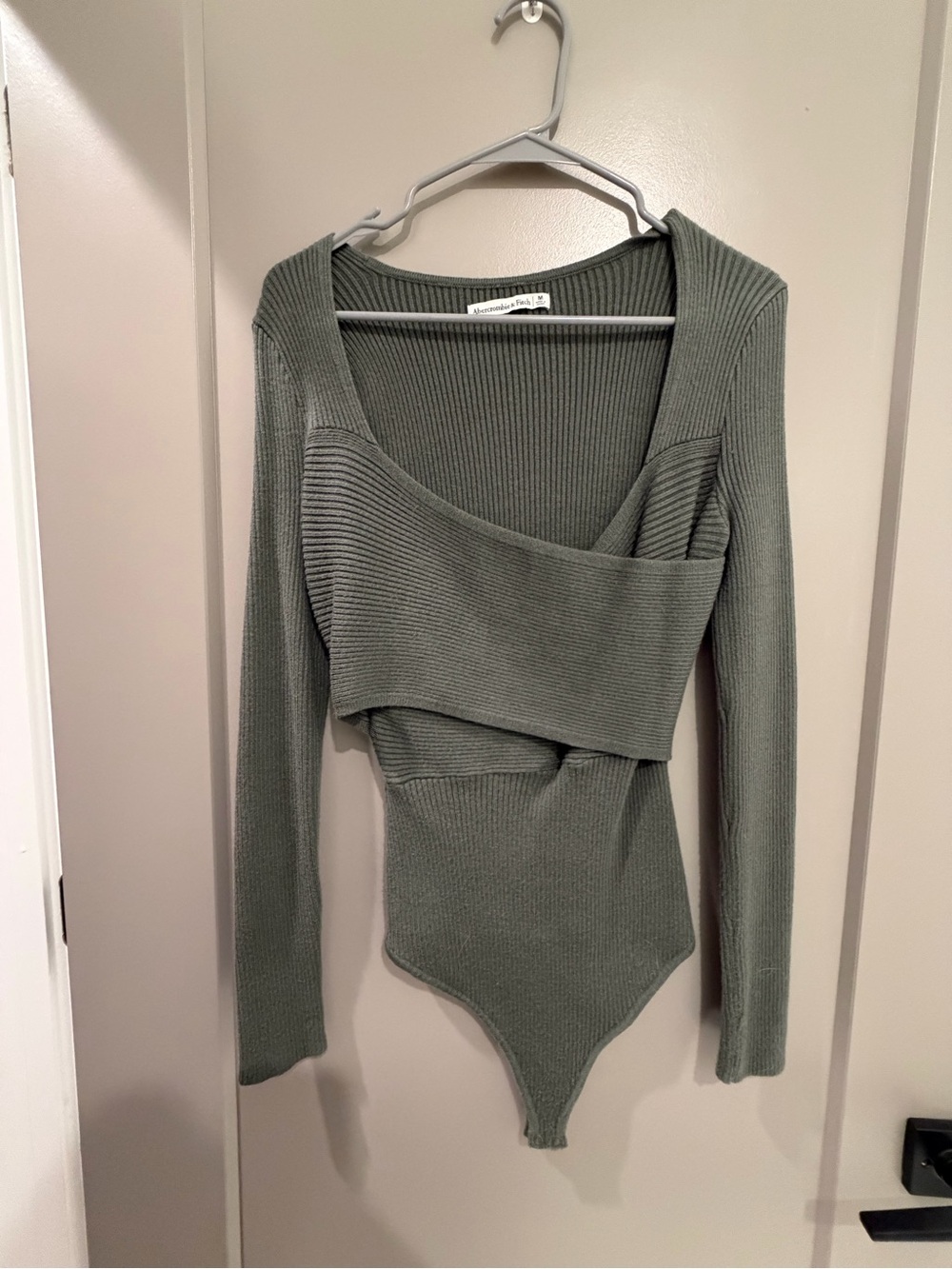 Abercrombie & Fitch Olive Green Ribbed Asymmetric Long Sleeve Bodysuit